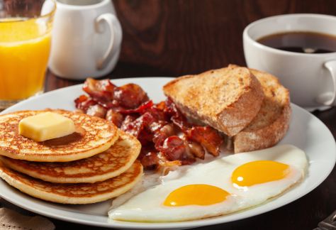Traditional,Full,American,Breakfast,Eggs,Pancakes,With,Bacon,And,Toast